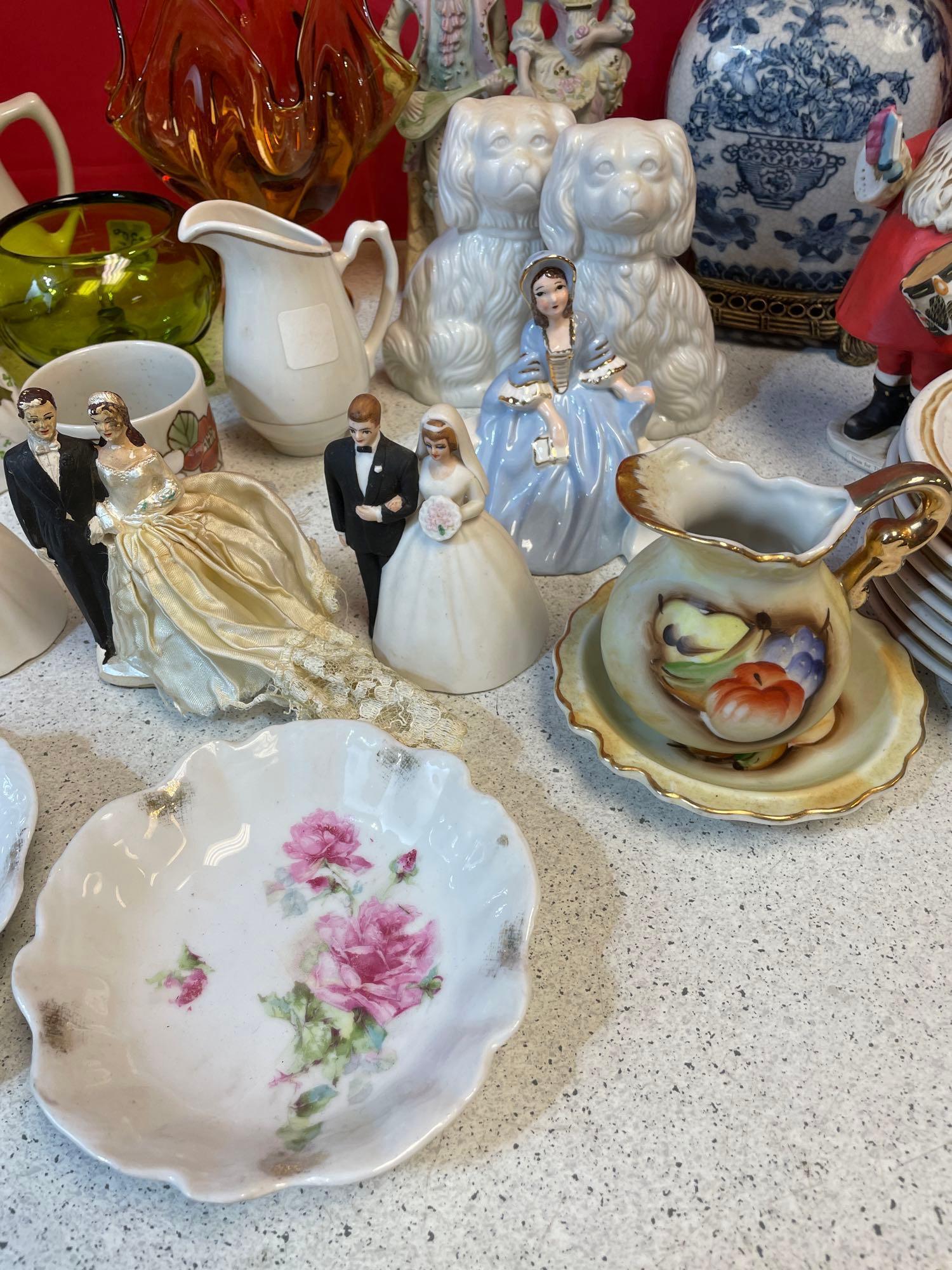 Lefton bride and groom bells, Tara porcelain cat other porcelain and glass pieces
