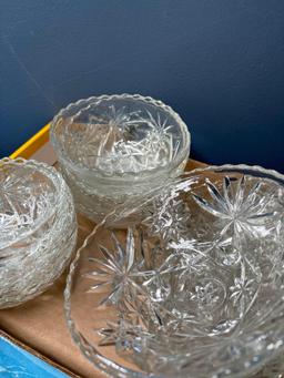 Glass cake plates bowls candlesticks vases etc.