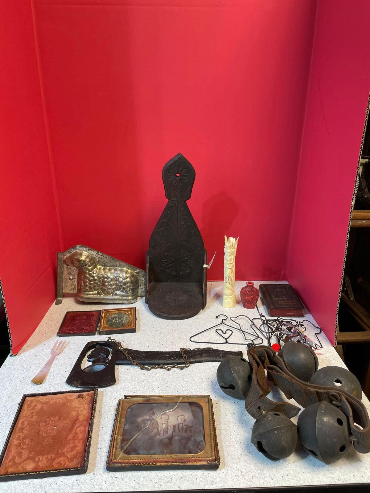 Vintage lamb mold, Primitive wood candle holder, daguerreotype and more