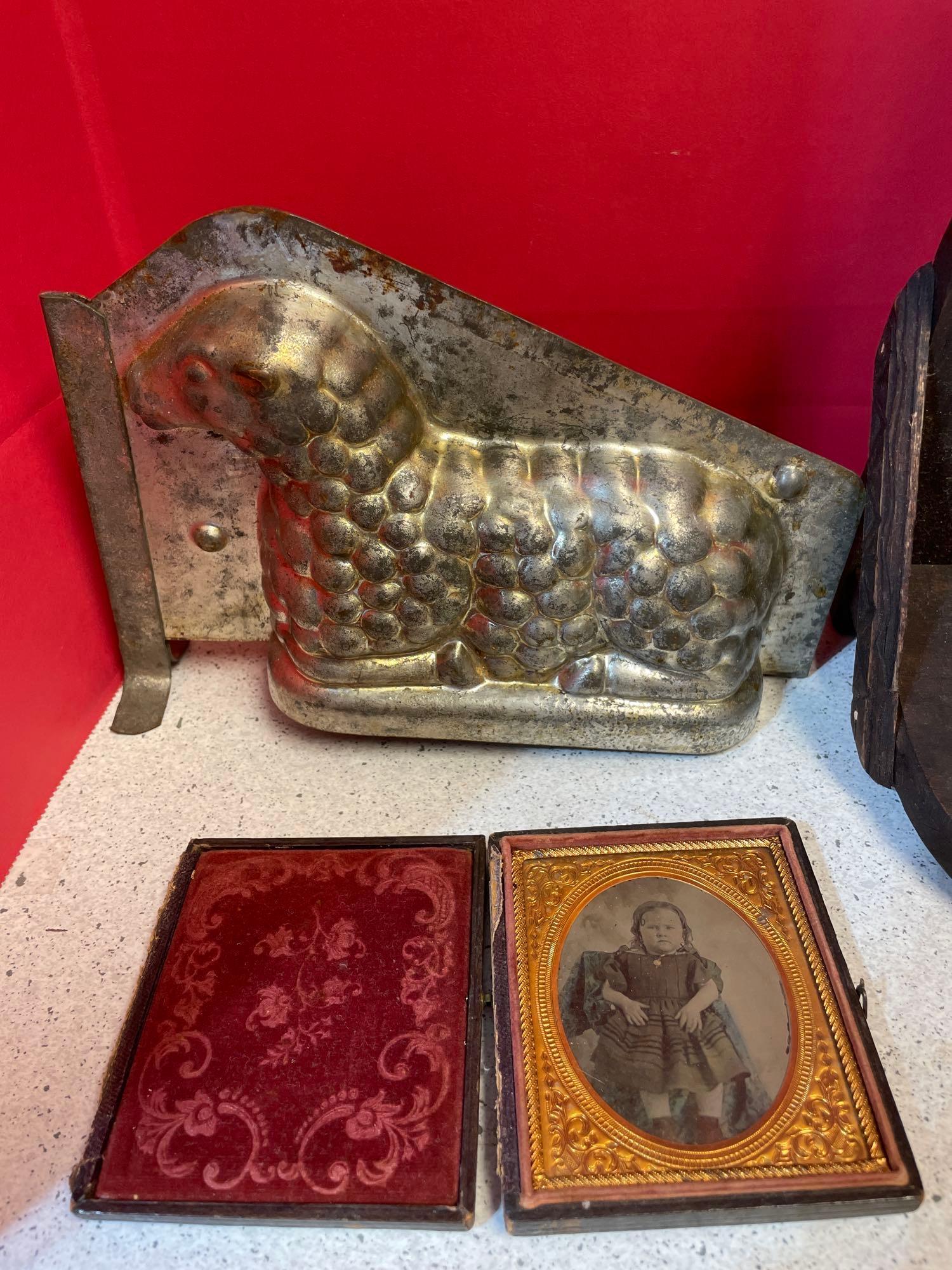Vintage lamb mold, Primitive wood candle holder, daguerreotype and more