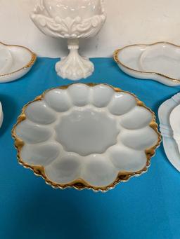 Milk glass fire king egg plate and serving dishes, Fenton basket, and opalescent dishes