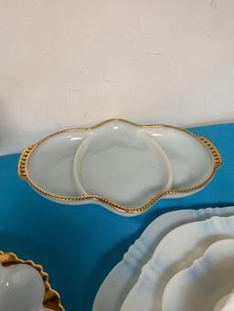 Milk glass fire king egg plate and serving dishes, Fenton basket, and opalescent dishes
