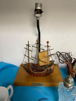 Ship lamp, Fostoria glasses Spode cup and saucer and more
