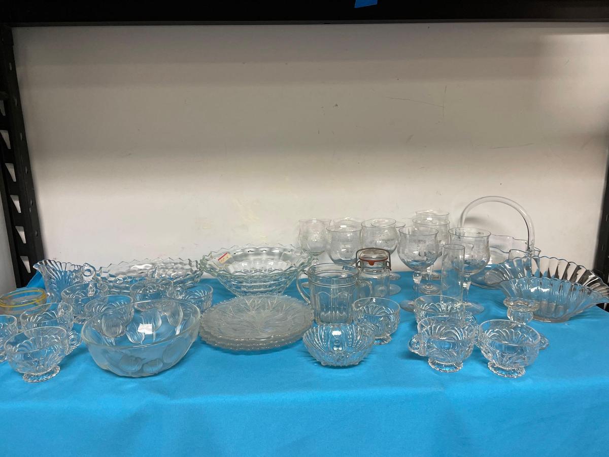 Clear glassware lot, including beautiful etched stemware