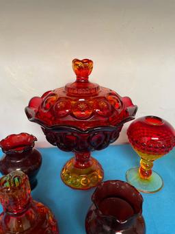 Amberina glass compote candleholder, handblown crackle glass vase, much more