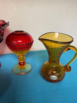 Amberina glass compote candleholder, handblown crackle glass vase, much more