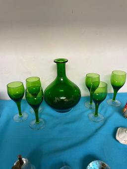 Green glass decanter set, glass apples, glass paperweights, more