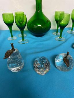 Green glass decanter set, glass apples, glass paperweights, more