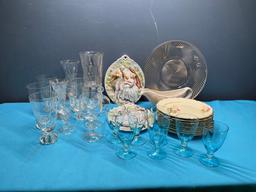 Clear glassware, blue glass goblets, Canarytone salad plates, More
