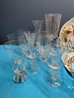 Clear glassware, blue glass goblets, Canarytone salad plates, More