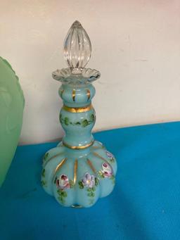 Fenton Charleton Blue perfume bottles and Tiffin satin vases