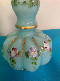 Fenton Charleton Blue perfume bottles and Tiffin satin vases