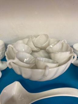 Milk glass punch bowl set with plastic ladle also milk glass sherbets and mugs
