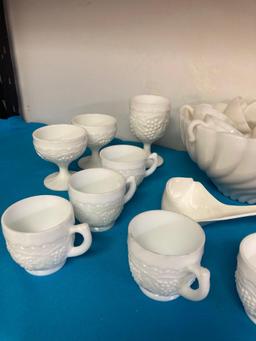 Milk glass punch bowl set with plastic ladle also milk glass sherbets and mugs