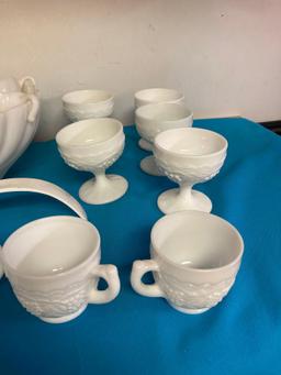 Milk glass punch bowl set with plastic ladle also milk glass sherbets and mugs