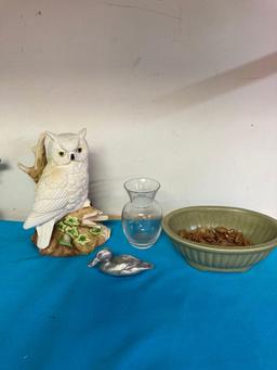 Bird tree toppers and ornaments, white owl, glass, duck face signed, Hager planter and more.