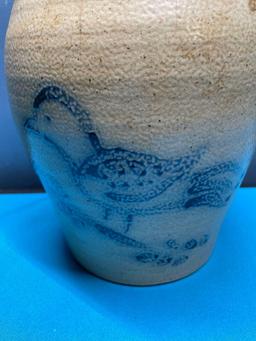 Vintage stoneware crock with blue bird, some cracks