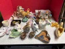 Nice collection of smaller pottery pieces ashtrays flower frog etc.