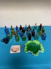 Mini glass bottles and slag glass ashtray