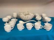 Milk glass punch bowl set with plastic ladle also milk glass sherbets and mugs