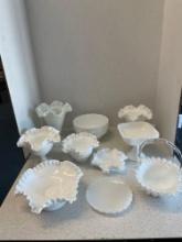 Milk glass lot, including Fenton basket And ruffled vases