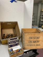 Two vintage crates and nice cigar box with old marbles