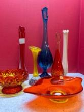 7 pcs art glass Viking bowls vases orange groovy