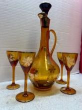 5 pc vintage Romanian decanter and glass set