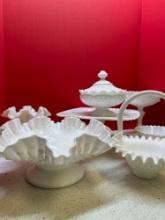 8 pcs milk glass Fenton cake place cover dish basket