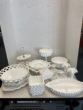 Milk, glass lot, including egg plate, mini vases, candleholders, and more