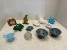 Pottery frogs, mushrooms, flower frog, hens on nests