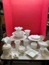 Large milk, glass lot, including two pedestal cake holders, egg cup, rooster