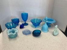 Blue glass ware lot, including Fenton satin and more