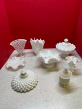 Milk glass and a hobnail ruffled fan vase