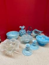 Beautiful Blue Fenton lot, optic, hobnail, slag, hand painted one with label