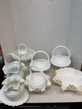 Fenton Goldcrest ruffled bowl three Fenton baskets, open lace pedestal bowl and more