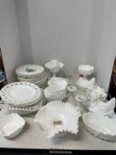 Nice lot of milk glass handpainted plates, Silvercrest baskets, two hens on nest much more