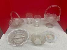 Crystal glass light, Fenton opalescent bowl and plate. baskets with handles and cups