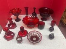 WestMoreland Ruby red candy bowl. red glassware candle holders salt and pepper cups. hobnail and
