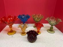 Fenton ruffled thumbprint and hobnail dishes, vases