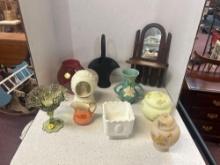 Green ruffled glass fenton, fenton founding fathers vase, and hand painted glass jars, red star vase