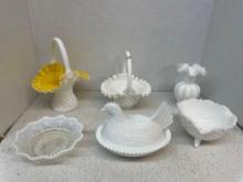 Fenton yellow milk glass overlay hobnail basket, hen on nest, hobnail basket, ruffled vase