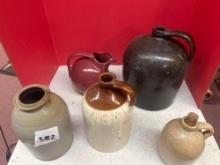 antique stoneware pottery vase, and two-tone vase, small crock, red circular pitcher and large