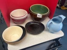 McCoy band pottery bowl, Lu ray pottery pitcher red crackle glass plates and antique pottery bowls