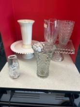 vintage orrefors vase, large crystal glass Fenton vases and milk glass and crystal glass cake stands
