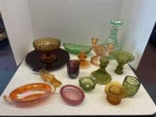 Imperial glass vase, orange opalescent glass dish, and other Fenton glass and painted items