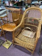 Spindle back antique rocker, and a wicker rocker