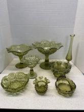Imperial glass and Fenton green glassware Includes swung vase