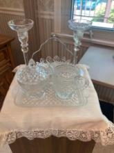EAPG sugar, creamer, and tray, candleholders and relish dish missing spoon