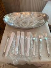 8 Godinger appetizer forks, silver dish with napkin rings